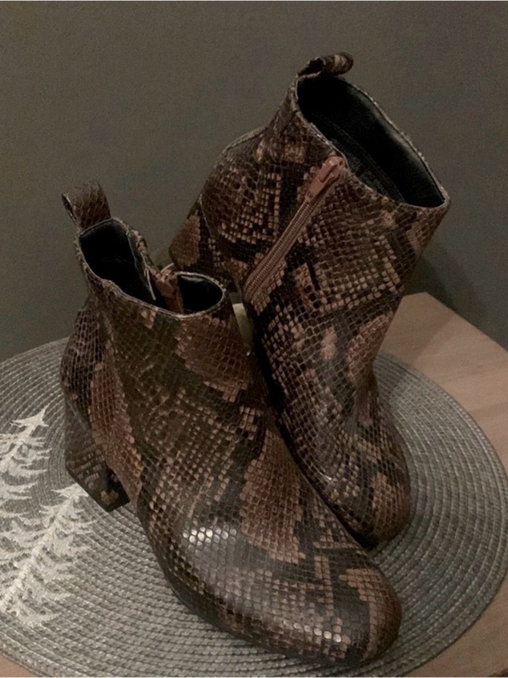 Time and Tru Women’s Snake-Print Ankle Boots in Brown